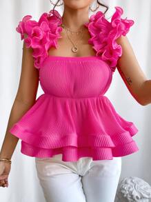 SHEIN Privé Áo nữ Xù Viên lá sen màu trơn Buổi tiệc - Màu Hồng Tươi - Xem 1
