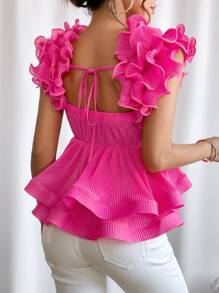 SHEIN Privé Áo nữ Xù Viên lá sen màu trơn Buổi tiệc - Màu Hồng Tươi - Xem 2