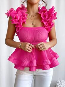 SHEIN Privé Áo nữ Xù Viên lá sen màu trơn Buổi tiệc - Màu Hồng Tươi - Xem 3