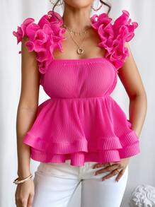 SHEIN Privé Áo nữ Xù Viên lá sen màu trơn Buổi tiệc - Màu Hồng Tươi - Xem 4