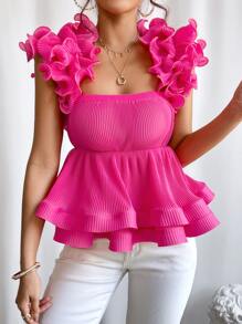 SHEIN Privé Áo nữ Xù Viên lá sen màu trơn Buổi tiệc - Màu Hồng Tươi - Xem 5