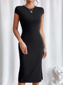 SHEIN Privé Đầm Chia màu trơn Thanh lịch - màu đen - Xem 3