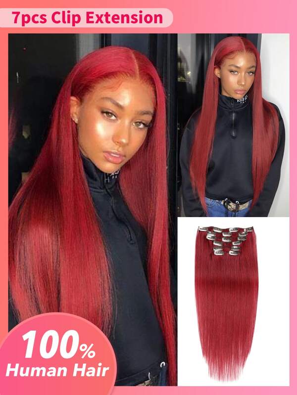 7pcs Burgundy Clip In Extension Straight 99J Red 1420 Inch Human Hair