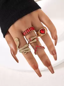 Bộ 5 chiếc nhẫn trang trí hình rắn và trái tim đính đá cho ngày lễ tình nhân, mẹ, mẹ, ngày của mẹ, quà tặng - Đỏ - Xem 4
