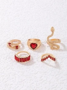 Bộ 5 chiếc nhẫn trang trí hình rắn và trái tim đính đá cho ngày lễ tình nhân, mẹ, mẹ, ngày của mẹ, quà tặng - Đỏ - Xem 5
