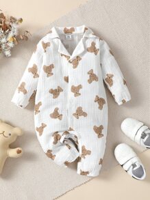 SHEIN Vintaside Kids Baby Girl Bear Print Button Front Shirt Jumpsuit