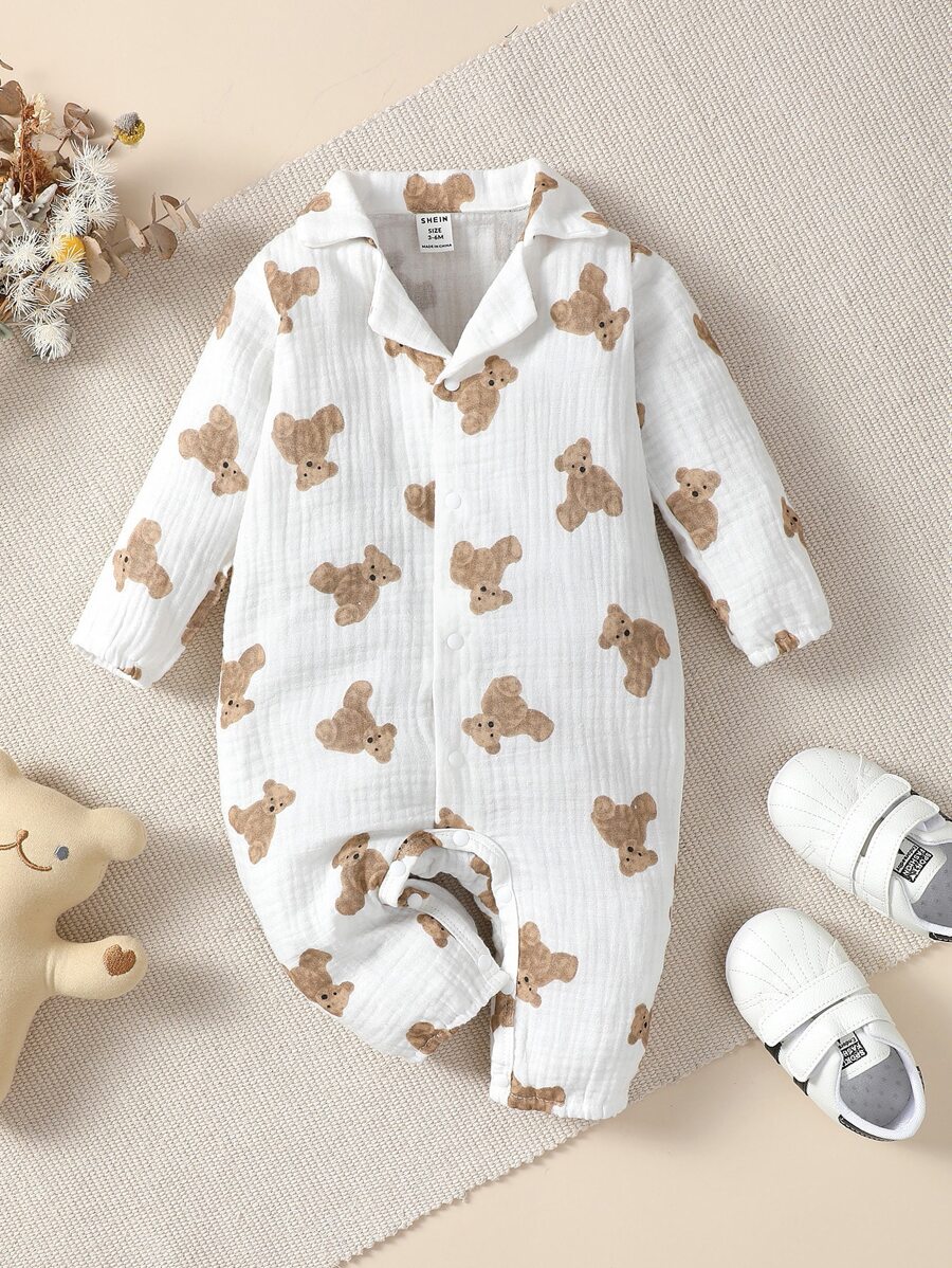 SHEIN Vintaside Kids Baby Girl Bear Print Button Front Shirt Jumpsuit