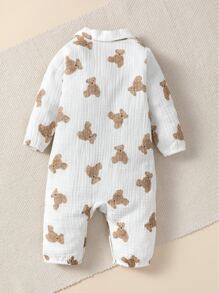 SHEIN Vintaside Kids Baby Girl Bear Print Button Front Shirt Jumpsuit