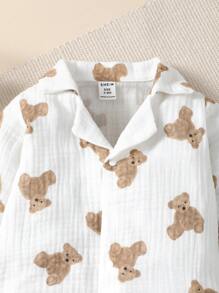 SHEIN Vintaside Kids Baby Girl Bear Print Button Front Shirt Jumpsuit