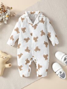 SHEIN Vintaside Kids Baby Girl Bear Print Button Front Shirt Jumpsuit