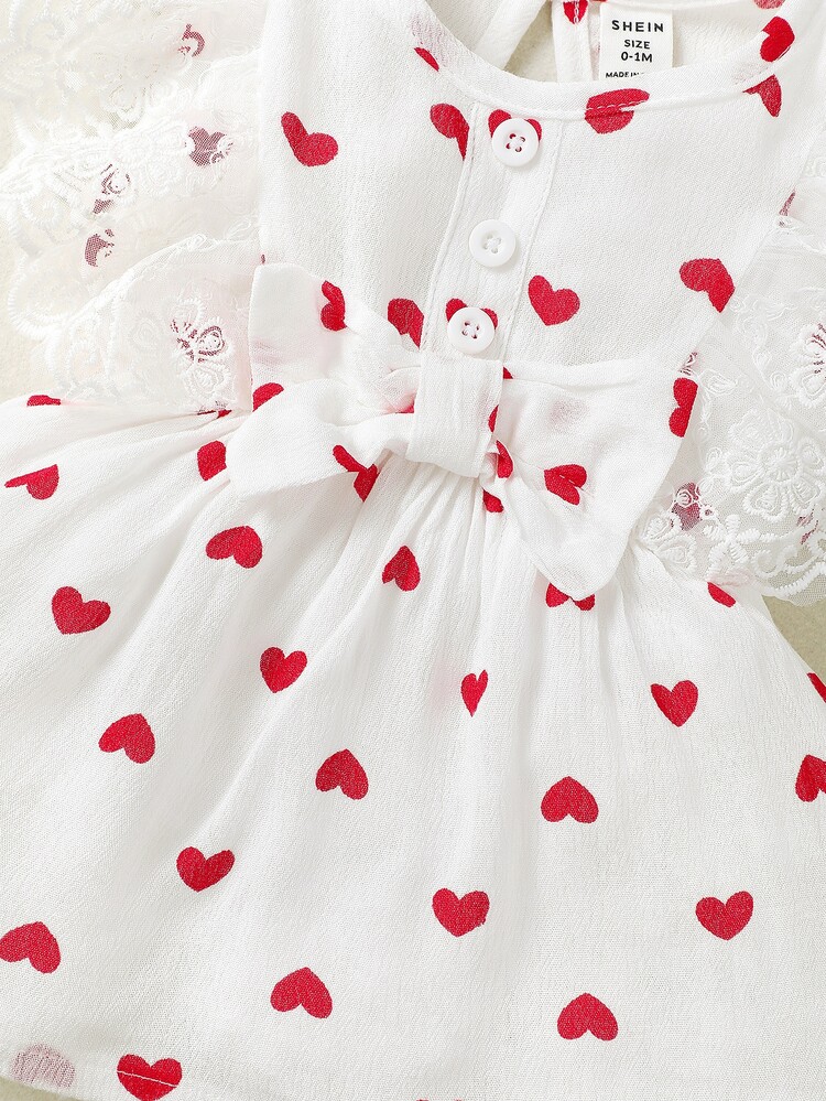 SHEIN Newborn Baby Heart Print Contrast Lace Ruffle Trim Bow Front Dress - White - View 5