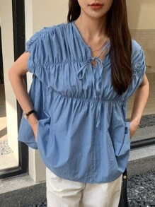 DAZY Cà vạt tay cánh Tie Trước Áo sơ mi Peplum - Màu xanh lam - Xem 3