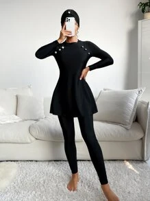 Swim Mulvari 夏季海灘3入組釦細節高領Burkini泳衣套裝（附帽） - 黑色 - 查看 1