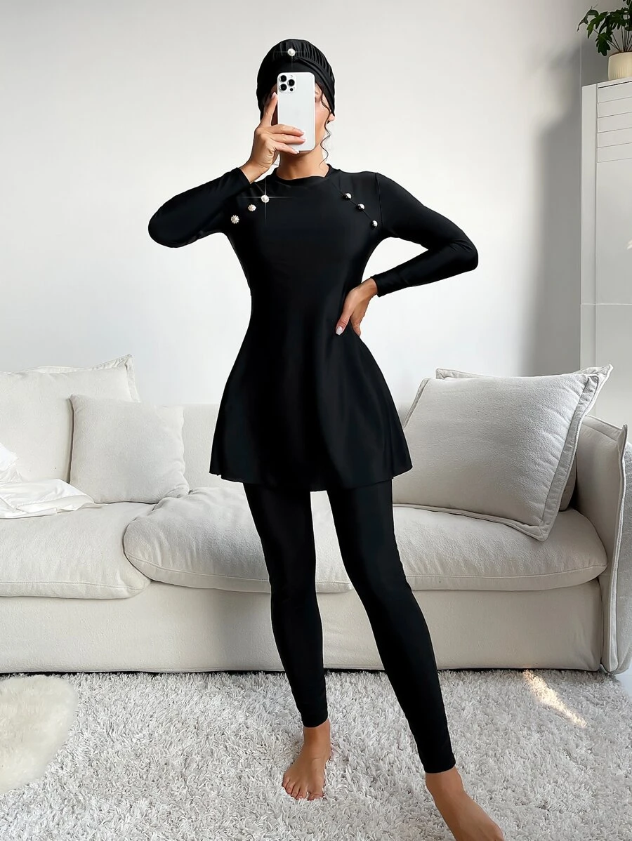 Swim Mulvari 夏季海灘3入組釦細節高領Burkini泳衣套裝（附帽） - 黑色 - 查看 1