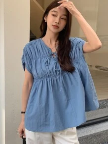 DAZY Cà vạt tay cánh Tie Trước Áo sơ mi Peplum - Màu xanh lam - Xem 4
