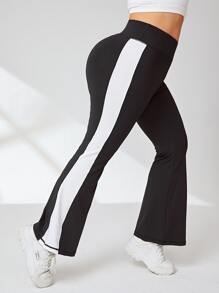 SHEIN Sports Plus Contrast Side Seam Flare Leg Sports Trousers - Black - View 4