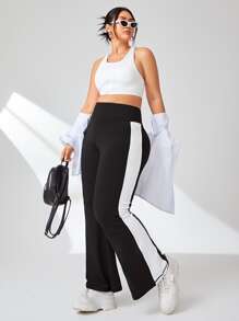 SHEIN Sports Plus Contrast Side Seam Flare Leg Sports Trousers - Black - View 5