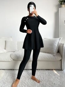 Swim Mulvari 夏季海灘3入組釦細節高領Burkini泳衣套裝（附帽） - 黑色 - 查看 4