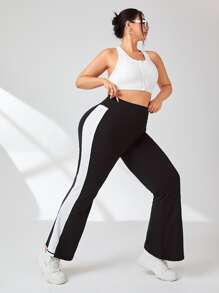 SHEIN Sports Plus Contrast Side Seam Flare Leg Sports Trousers - Black - View 6