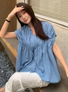 DAZY Cà vạt tay cánh Tie Trước Áo sơ mi Peplum - Màu xanh lam - Xem 6