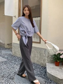 DAZY 豎條紋下擺打結襯衫 - 藍白色 - 查看 5