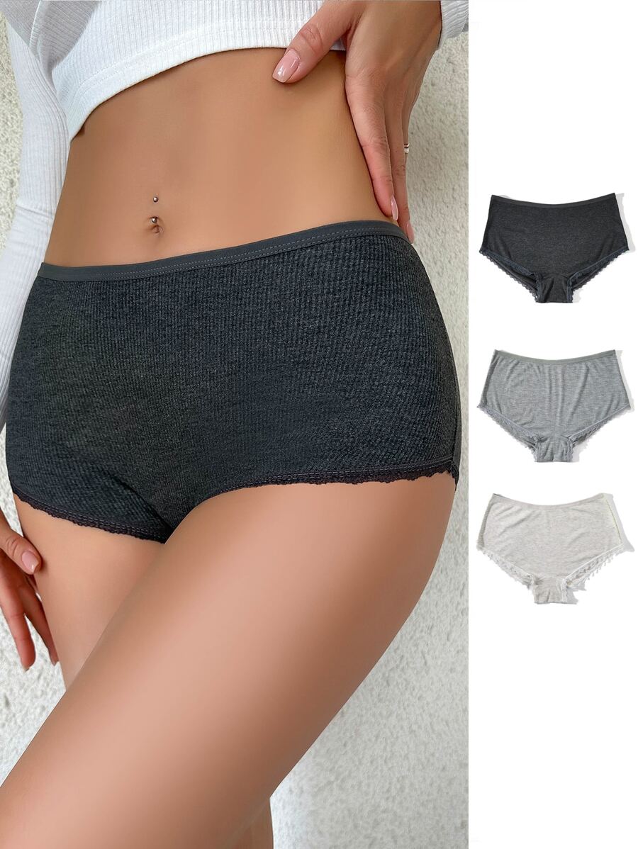 3 piezas Bragas unicolor tejido de canalé ribete con encaje - Multicolor - Ver 1