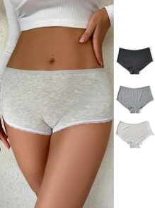 3 piezas Bragas unicolor tejido de canalé ribete con encaje - Multicolor - Ver 3