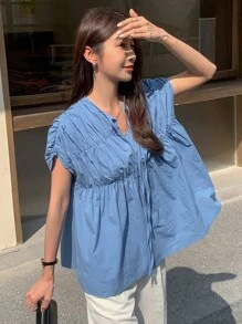 DAZY Cà vạt tay cánh Tie Trước Áo sơ mi Peplum - Màu xanh lam - Xem 8