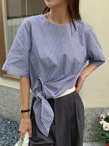 DAZY 豎條紋下擺打結襯衫 - 藍白色 - 查看 6