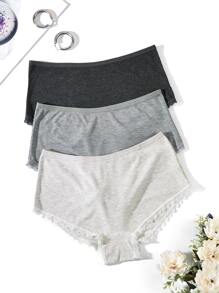 3 piezas Bragas unicolor tejido de canalé ribete con encaje - Multicolor - Ver 5