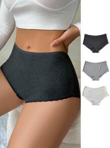 3 piezas Bragas unicolor tejido de canalé ribete con encaje - Multicolor - Ver 6