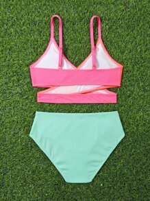 Tween Girl Color Block Wrap Bikini Set Summer Beach