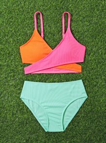Tween Girl Color Block Wrap Bikini Set Summer Beach