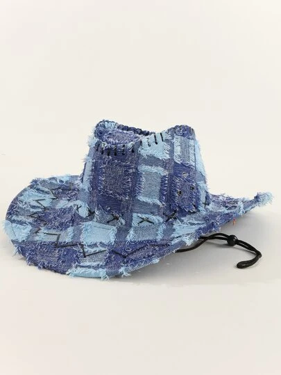 1pc Men Plaid Print Ripped Detail Cowboy Hat For Outdoor