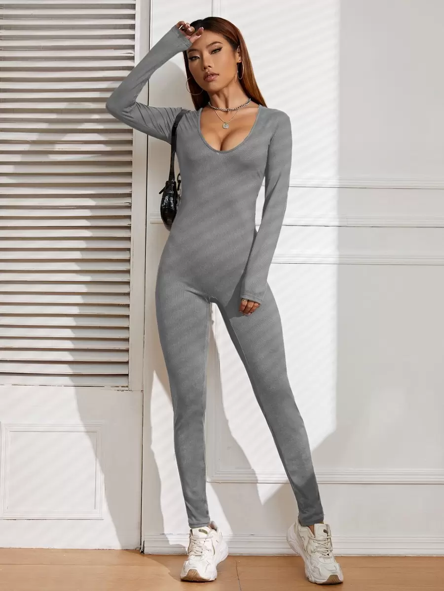 SHEIN Essnce Solid Rib-Knit Unitard Jumpsuit Fall Cloth For Women - Grey - View 1