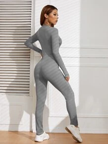 SHEIN Essnce Solid Rib-Knit Unitard Jumpsuit Fall Cloth For Women - Grey - View 2