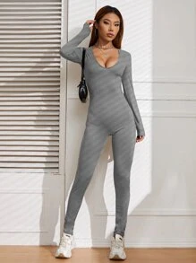SHEIN Essnce Solid Rib-Knit Unitard Jumpsuit Fall Cloth For Women - Grey - View 3
