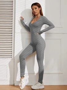SHEIN Essnce Solid Rib-Knit Unitard Jumpsuit Fall Cloth For Women - Grey - View 5