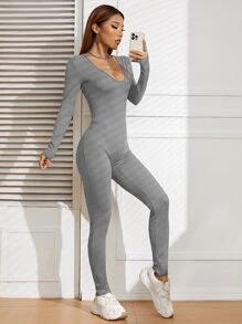 SHEIN Essnce Solid Rib-Knit Unitard Jumpsuit Fall Cloth For Women - Grey - View 6