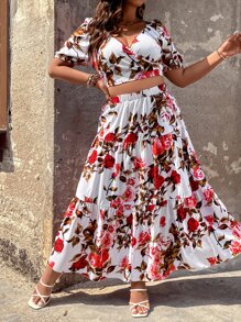 SHEIN Holidaya con estampado floral Top crop & bajo con fruncido Falda - Blanco - Ver 2