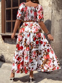 SHEIN Holidaya con estampado floral Top crop & bajo con fruncido Falda - Blanco - Ver 3