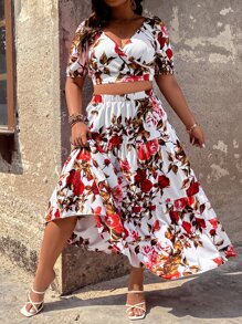 SHEIN Holidaya con estampado floral Top crop & bajo con fruncido Falda - Blanco - Ver 4