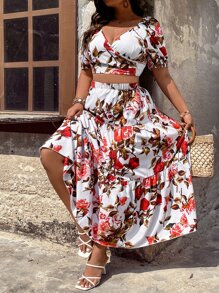 SHEIN Holidaya con estampado floral Top crop & bajo con fruncido Falda - Blanco - Ver 5