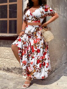 SHEIN Holidaya con estampado floral Top crop & bajo con fruncido Falda - Blanco - Ver 7