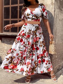 SHEIN Holidaya con estampado floral Top crop & bajo con fruncido Falda - Blanco - Ver 1