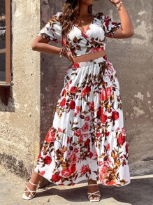 SHEIN Holidaya con estampado floral Top crop & bajo con fruncido Falda - Blanco - Ver 8