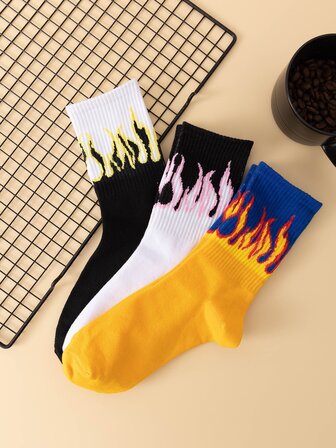 3雙男士火焰圖案中筒襪
