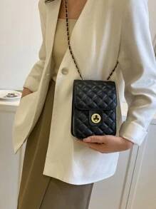 迷你翻蓋方包絎縫圖案轉鎖 - 黑色 - 查看 2