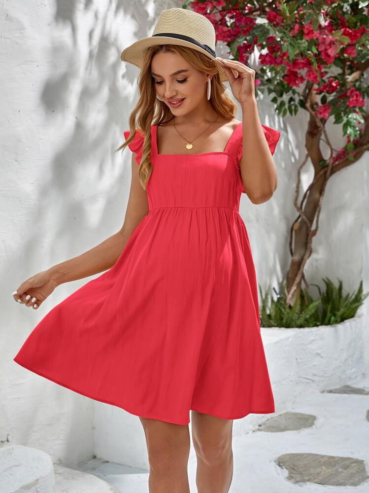 SHEIN Maternity Solid Ruffle Trim Dress - Red - View 1