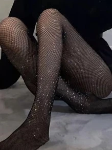 Rhinestone Decor Fishnet Tights - Black - View 1